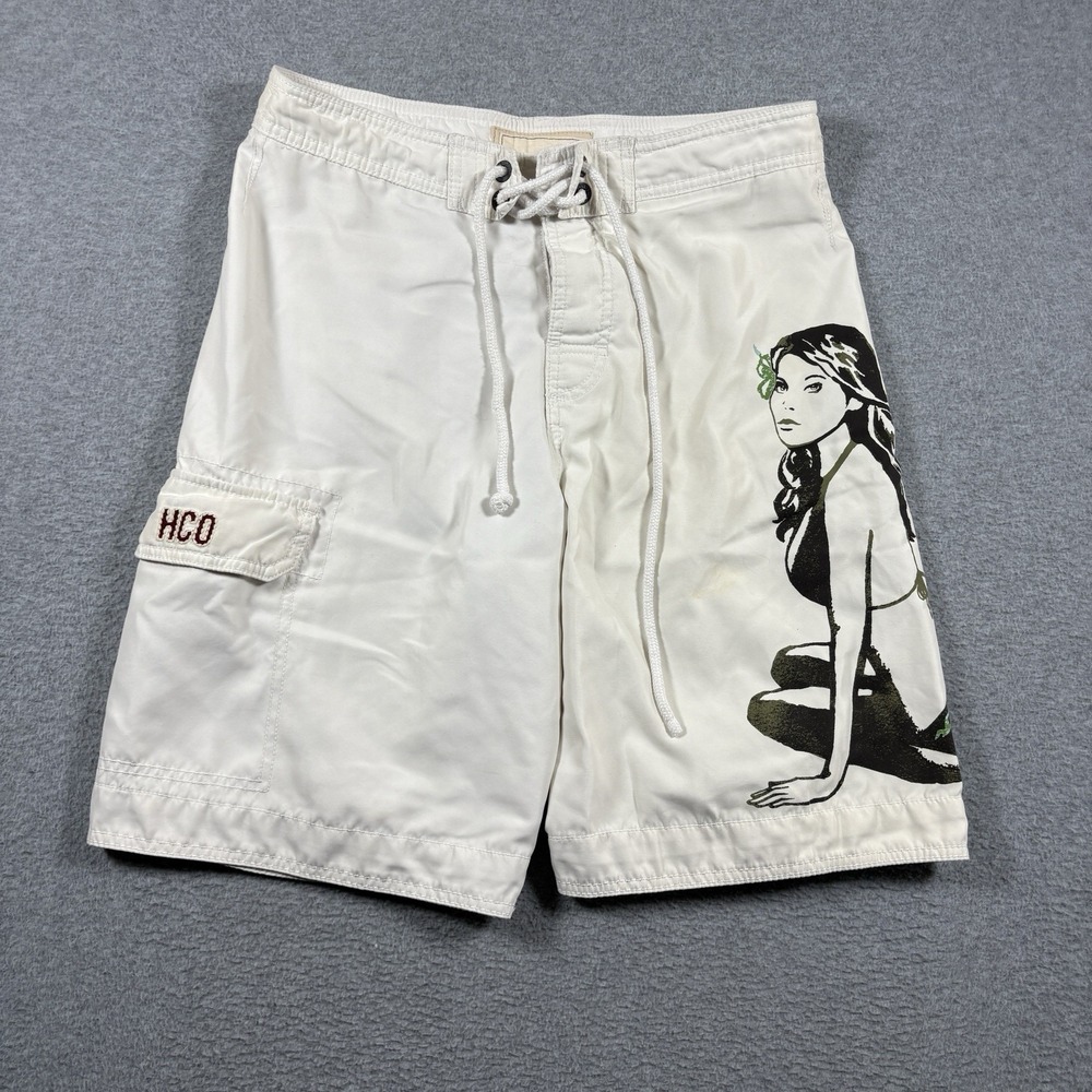 Vtg Y2K Hollister Mens S Board Shorts Swim Trunks Cream Pin Up Hula Girl Surf